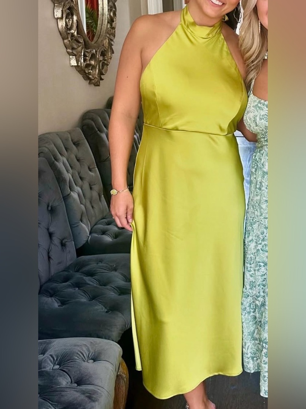 Joie Halter Satin Dress in Chartreuse
